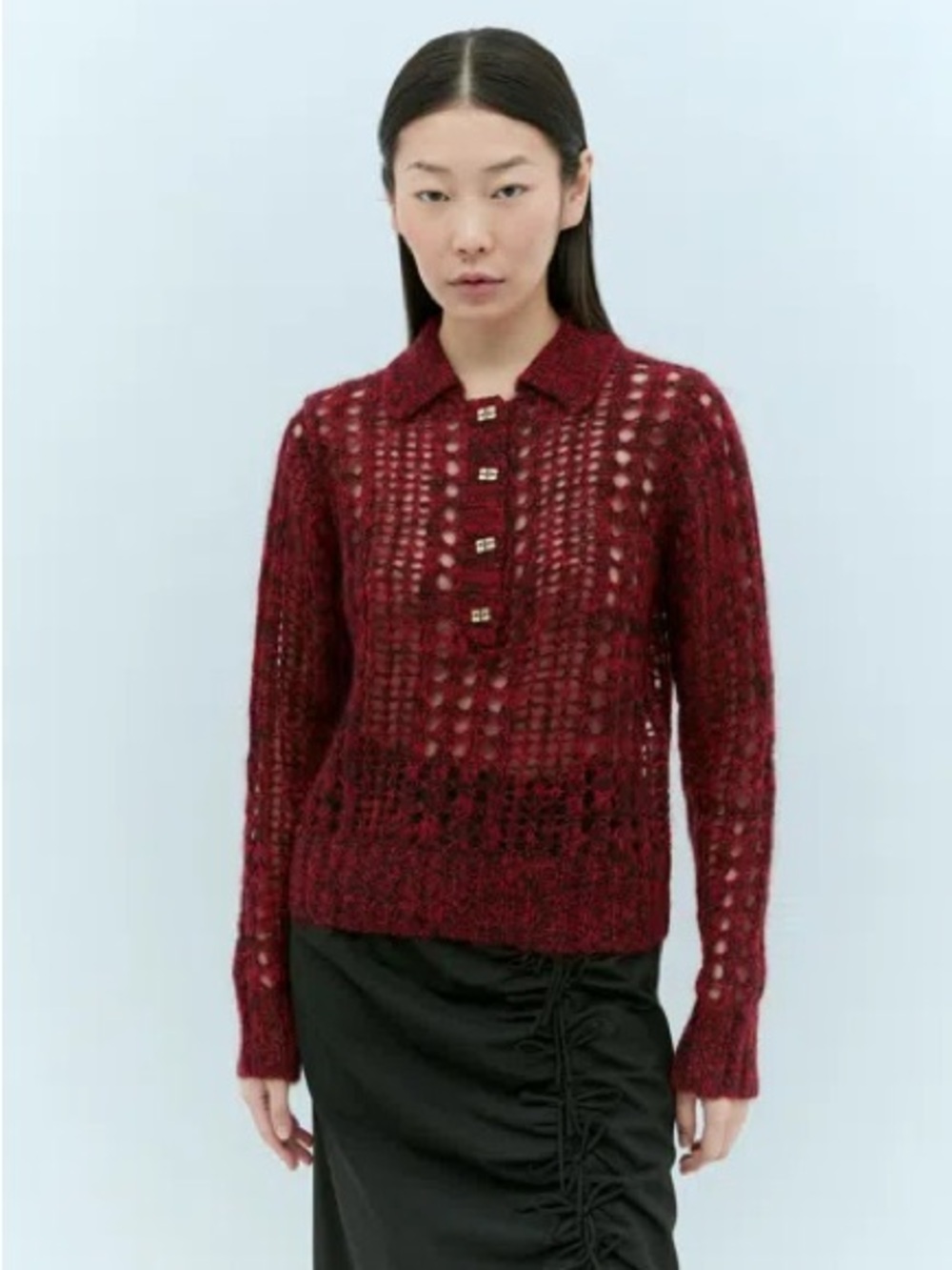 Ganni Open-Knit Burgundy Collared Sweater